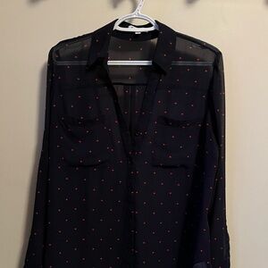 Women’s blouse Black and Red Patterned Shirt hearts sheer